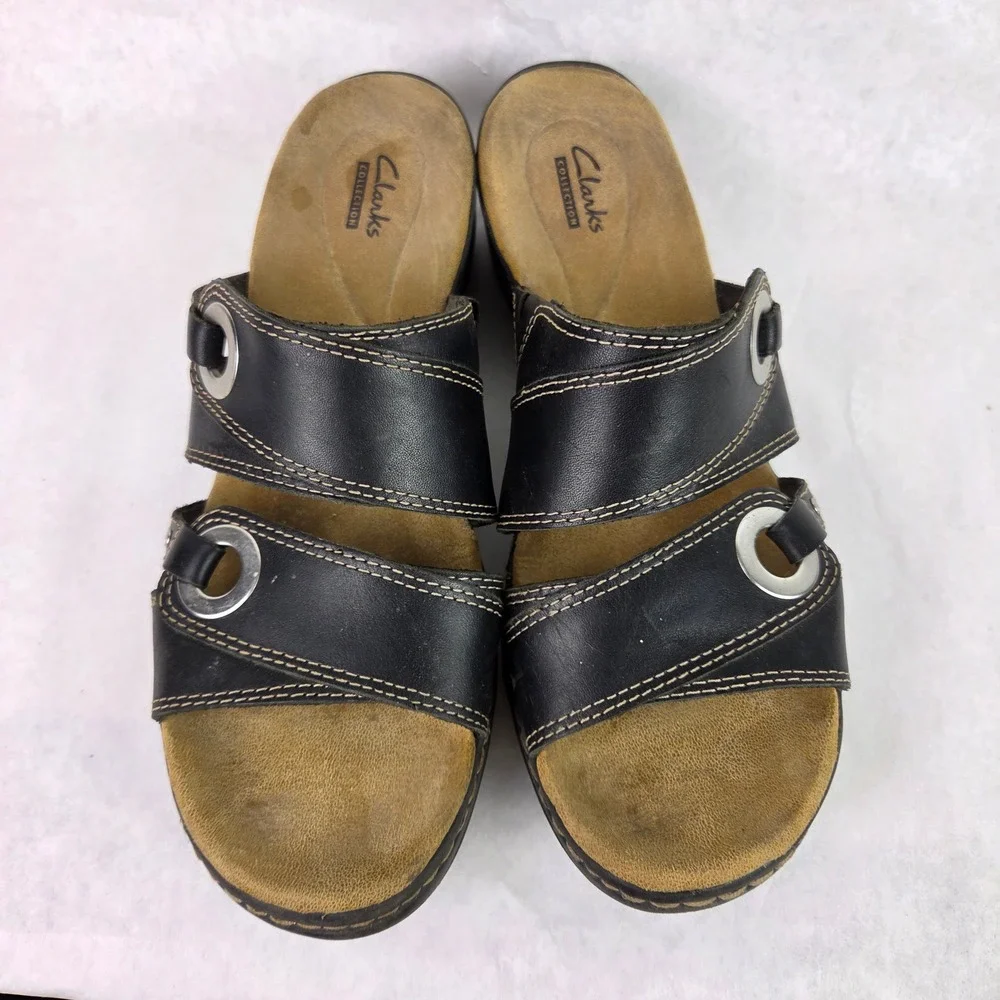 Clarks Collection Lexi Willow Black Slide Slip On Summer Sandals Wedge Casual